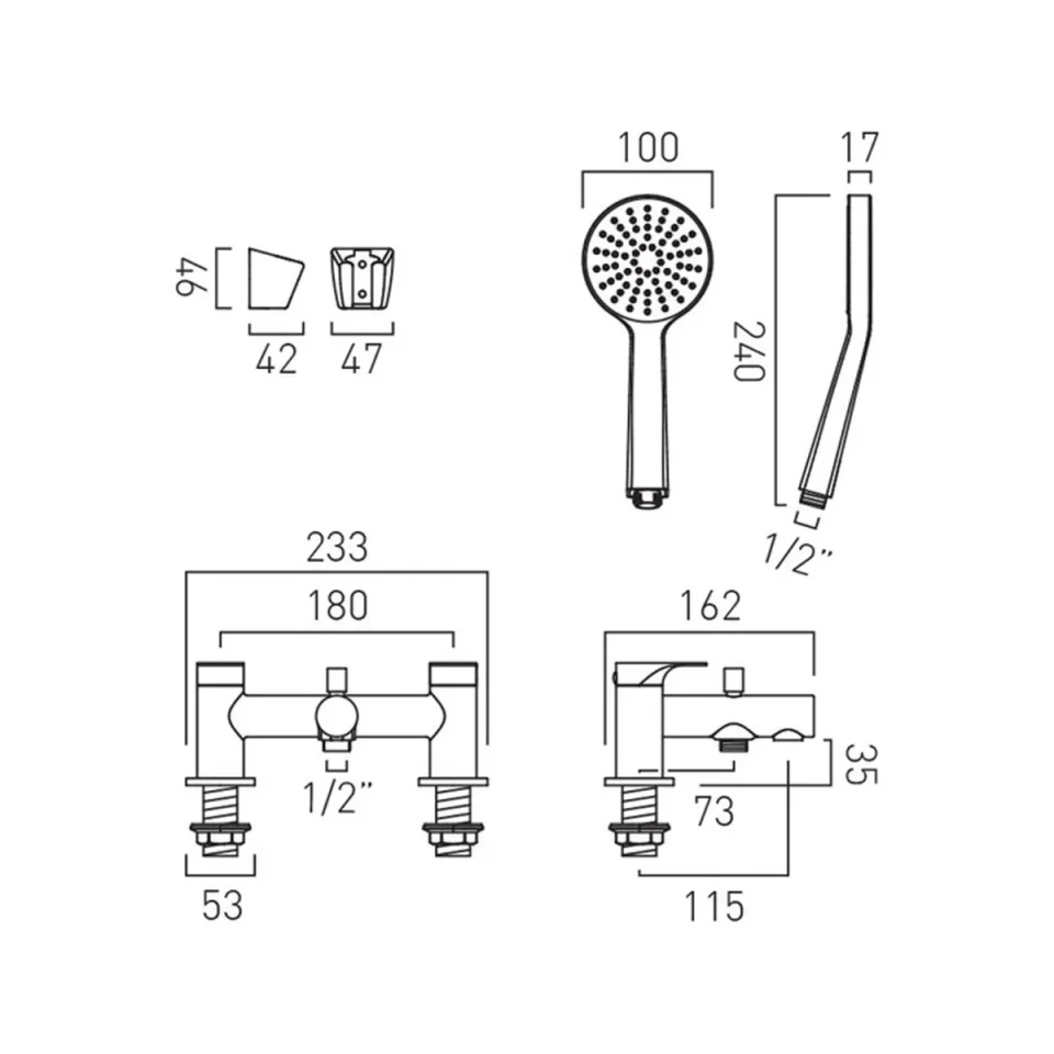 Vado Axces Metiz Deck Mounted Bath Shower Mixer + Shower Kit Chrome detail view - Image 2