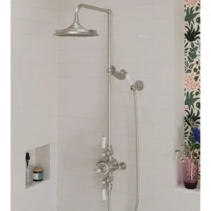 Burlington Avon Exposed Shower Valve2 Outlet With Wall Outlet, Hose, Handset, Fixed Arm & 9" Airburst Head Brushed Nickel
