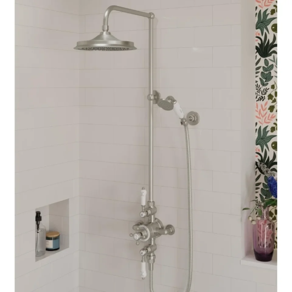Burlington Avon Exposed Shower Valve2 Outlet With Wall Outlet, Hose, Handset, Fixed Arm & 9" Airburst Head Brushed Nickel product image - Image 1