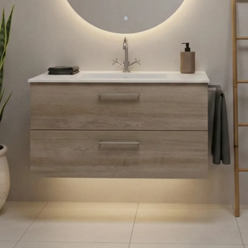 Faeber Monaco 80cm Grey Clubhouse Oak Basin Vanity Unit 2 Drawers detail view - Image 2
