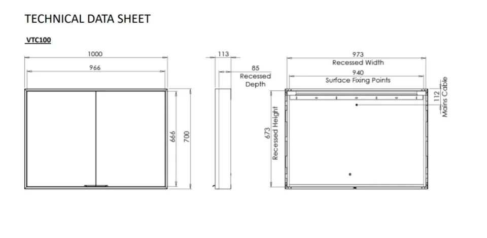 Roper Rhodes Vault Cab - 1000 X 700 - Black - No Sides technical drawing - Image 6