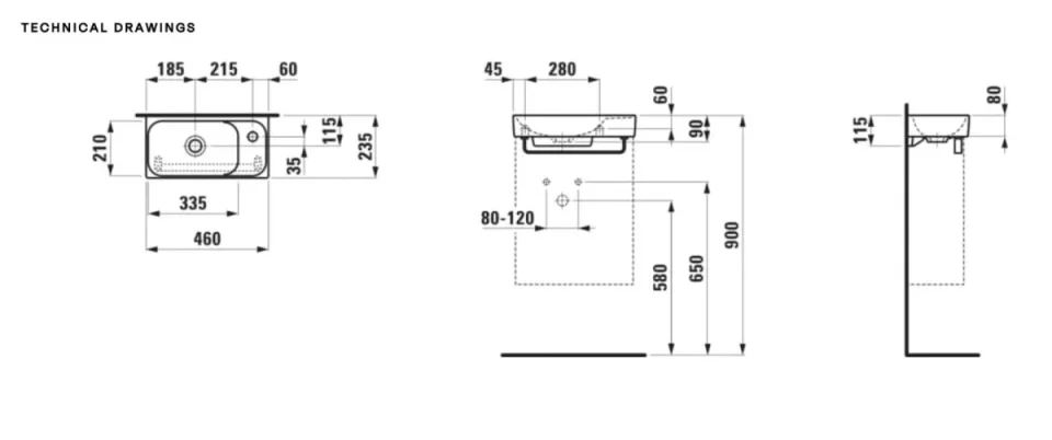 Laufen Meda Small Washbasin With Tap Bank Right - 460 X 235mm - 0 Tap Hole - No Overflow - White detail view - Image 3