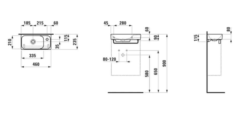 Laufen Meda Small Washbasin With Tap Bank Right - 460 X 235mm - 0 Tap Hole - No Overflow - White technical drawing - Image 6