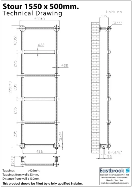Eastbrook Stour 1550 X 500 Matt Anthracite technical drawing - Image 8