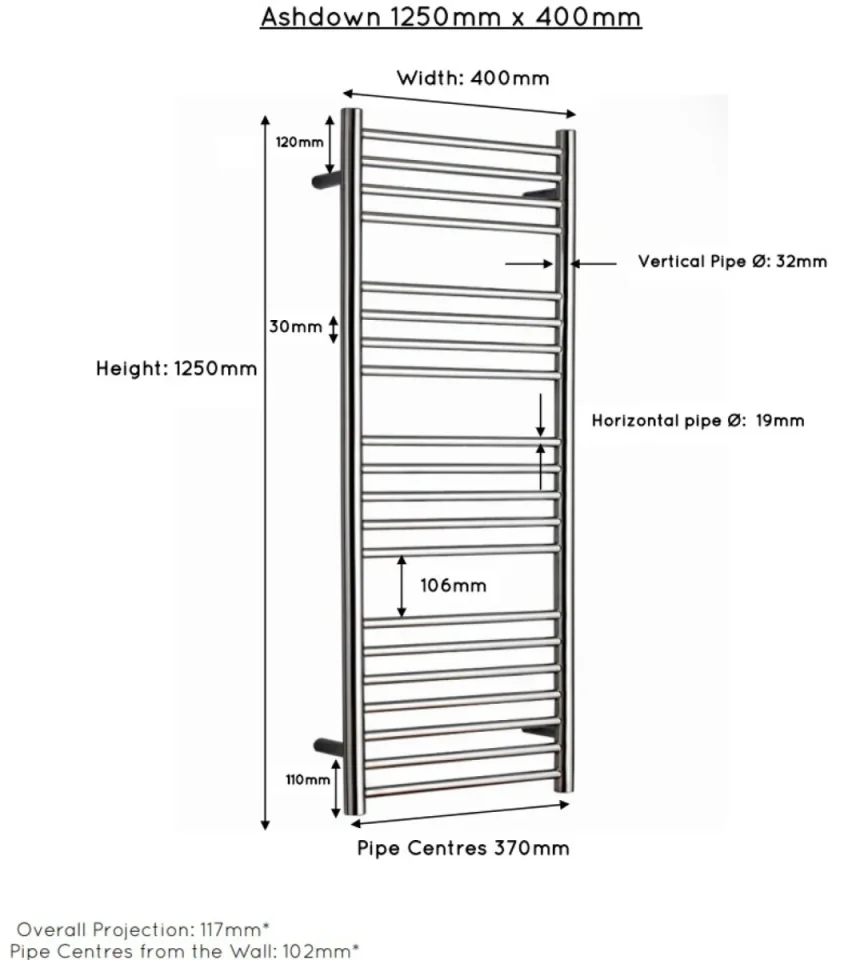 Jis Ashdown 400 1250 X 400mm Radiator For Cylindrical Electric Only Heating Polished Stainless Steel detail view - Image 4
