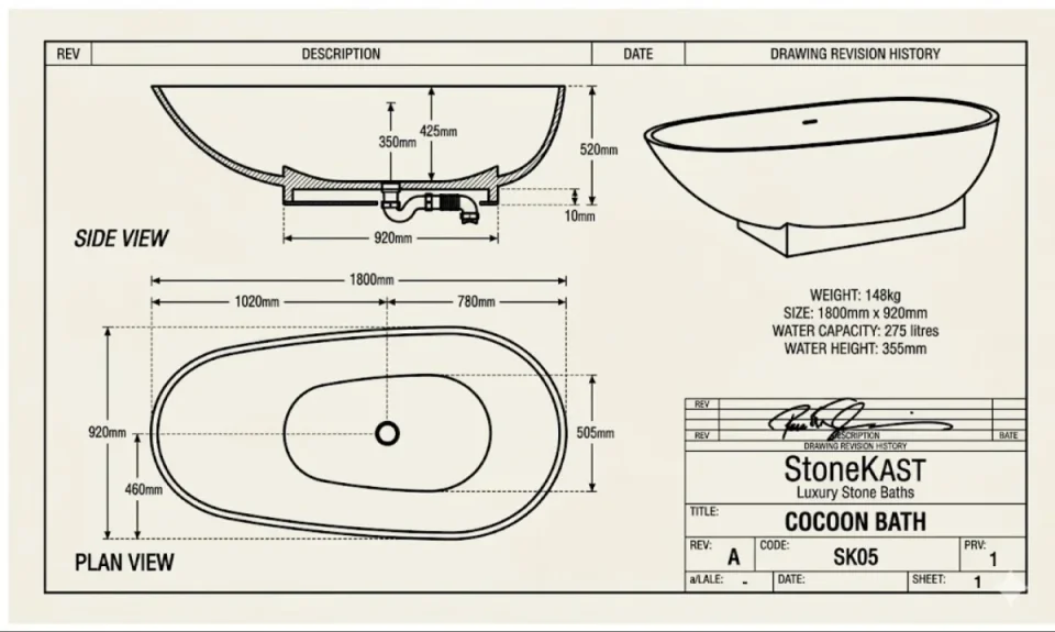 StoneKAST Cocoon Single Ended Freestanding Bath 1800 x 950mm Matt White detail view - Image 3
