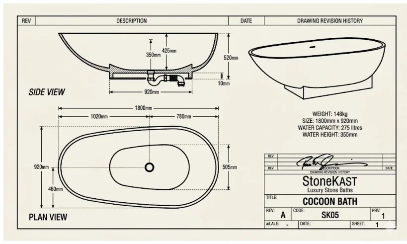 StoneKAST Cocoon Single Ended Freestanding Bath 1800 x 950mm Matt White technical drawing - Image 8