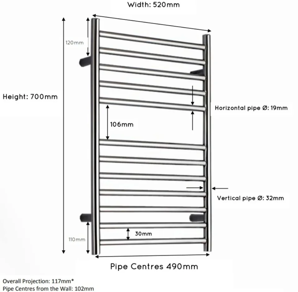 Jis Ouse 520 700 X 520mm Radiator For Cylindrical Electric Only Heating Satin Stainless Steel detail view - Image 5