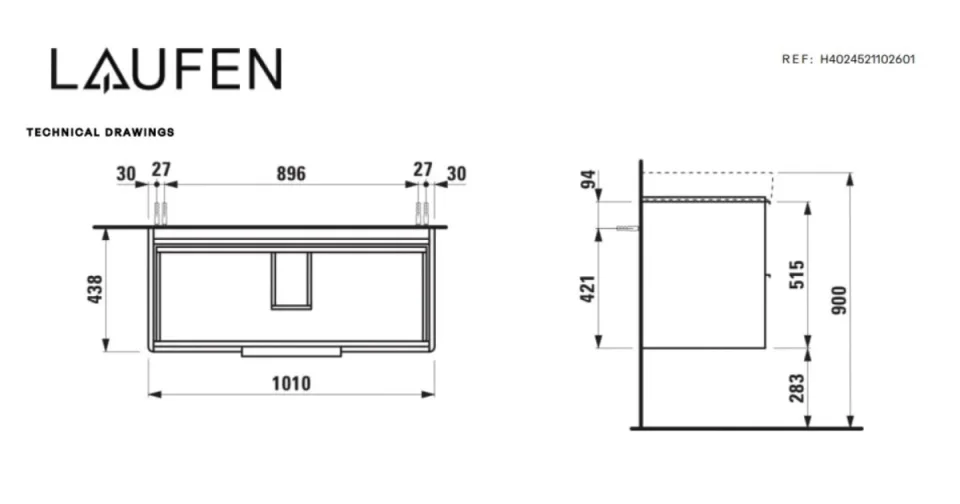 Laufen Base/pro S Vanity Unit 530x1010x440mm For 813966 2 Drawers - White Matt detail view - Image 3