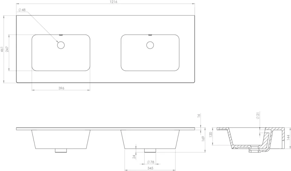 Saneux Uni 120x47cm 2 Bowl Washbasin 0th detail view - Image 3