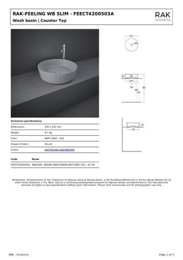 Rak Feeling 42cm Round Counter Top Wash Basin In Matt Grey detail view - Image 2