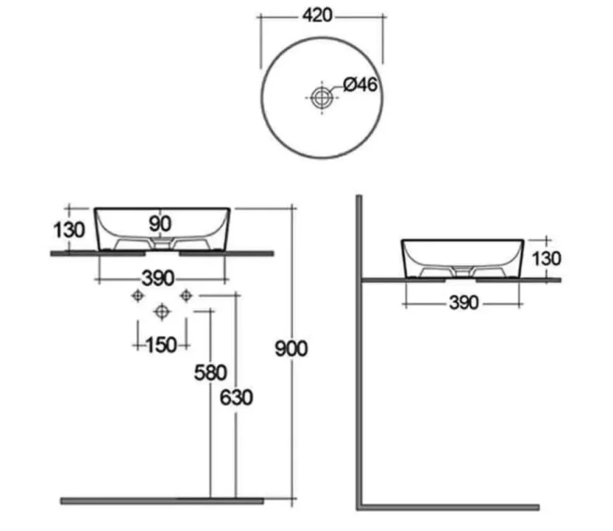 Rak Feeling 42cm Round Counter Top Wash Basin In Matt Grey technical drawing - Image 7