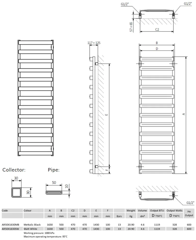 Crosswater Air Towel Warmer 500 x 1630 Metallic Black detail view - Image 4