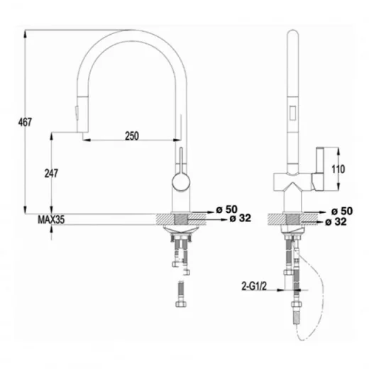 Just Taps Vos Pull Out Sink Mixer Brushed Bronze detail view - Image 3