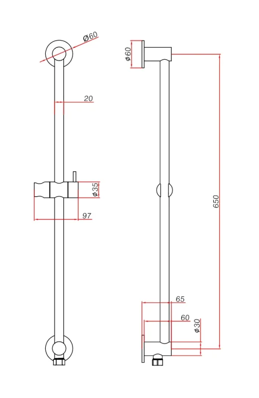 Ava Integrated Round Slide Rail Bar Only - Brushed Brass technical drawing - Image 2