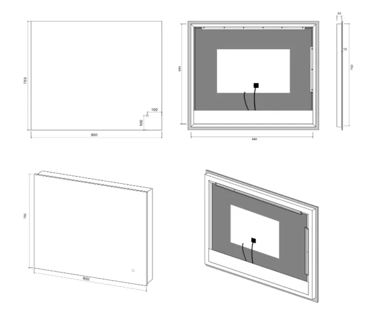 Faeber Glow 900 Steam Free LED Illuminated Mirror technical drawing - Image 2