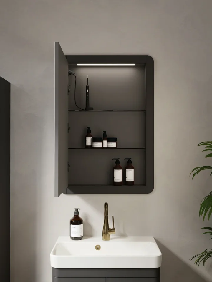 Saneux Hyde 55cm 1 Door Recessed Electric Mirror Cabinet (lh) - Matte Anthracite detail view - Image 3