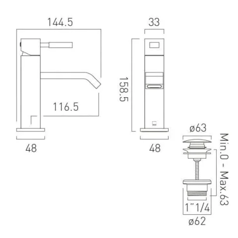 Vado Geo Slimline Basin Mixer Smooth Bodied Single Lever Deck Mounted Without Universal Waste technical drawing - Image 2