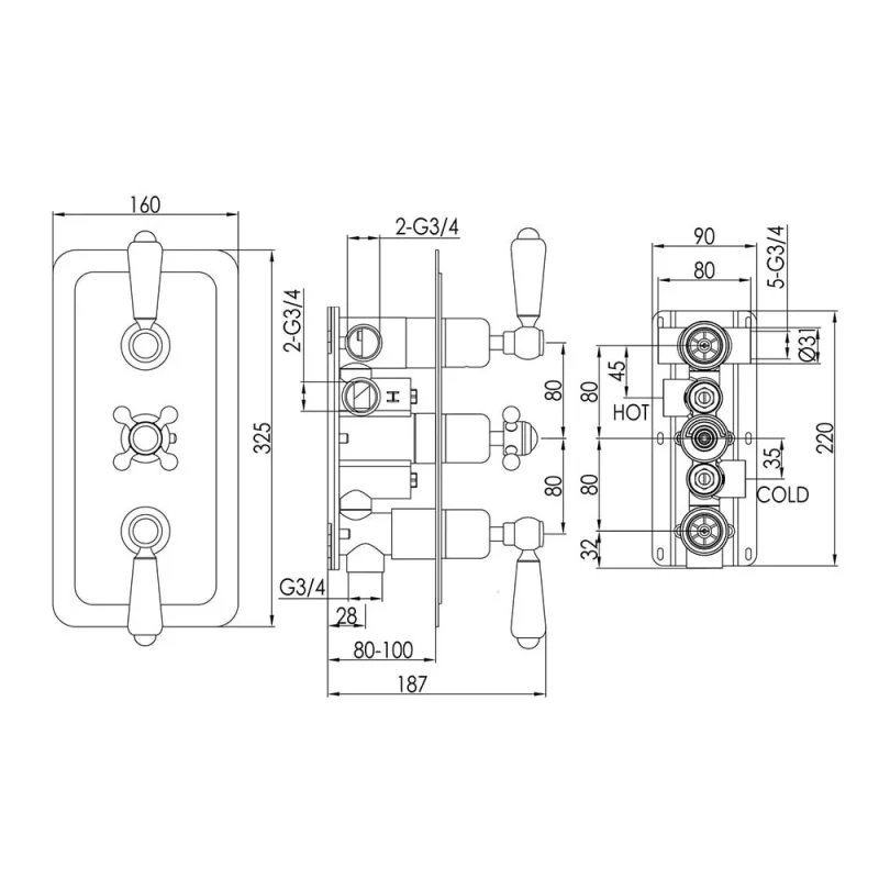 Just Taps Grosvenor Lever Thermostatic 3 Outlet Valve Horizontal Chrome detail view - Image 2