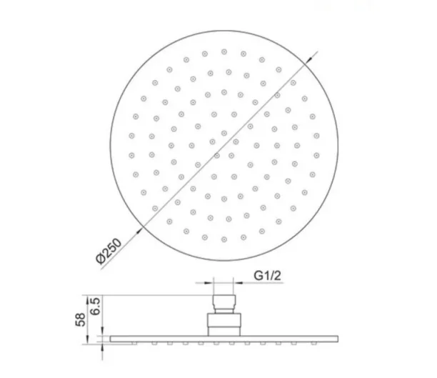 Just Taps Vos Overhead Shower 250mm Brushed Black technical drawing - Image 8