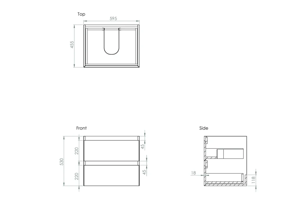 Saneux Uni 60cm 2 Drawer Wall Mounted Unit - Matte Anthracite detail view - Image 2
