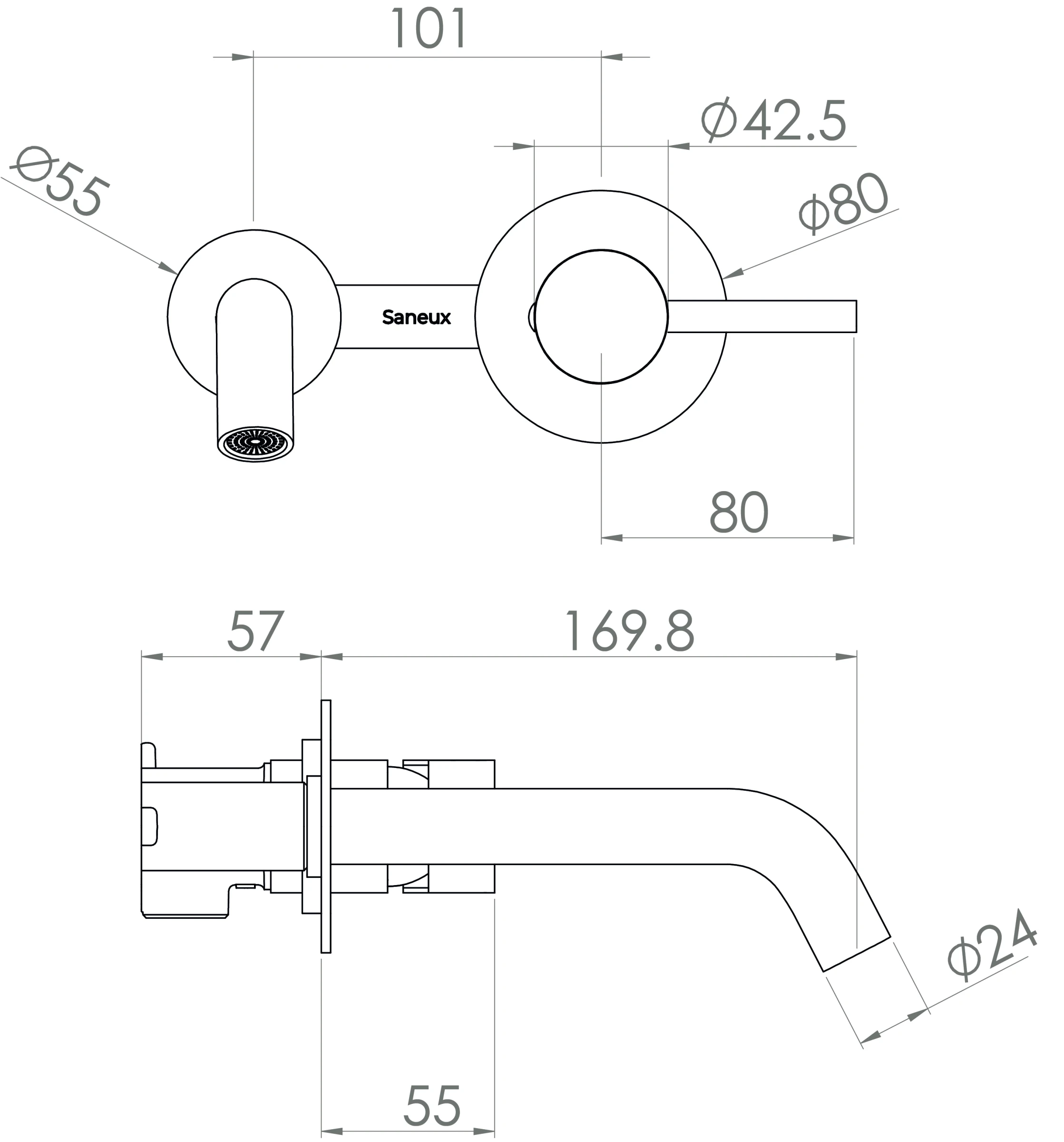 Saneux Cos Wall Mounted 2 Plate Basin Mixer With Knurled Handle - Chrome