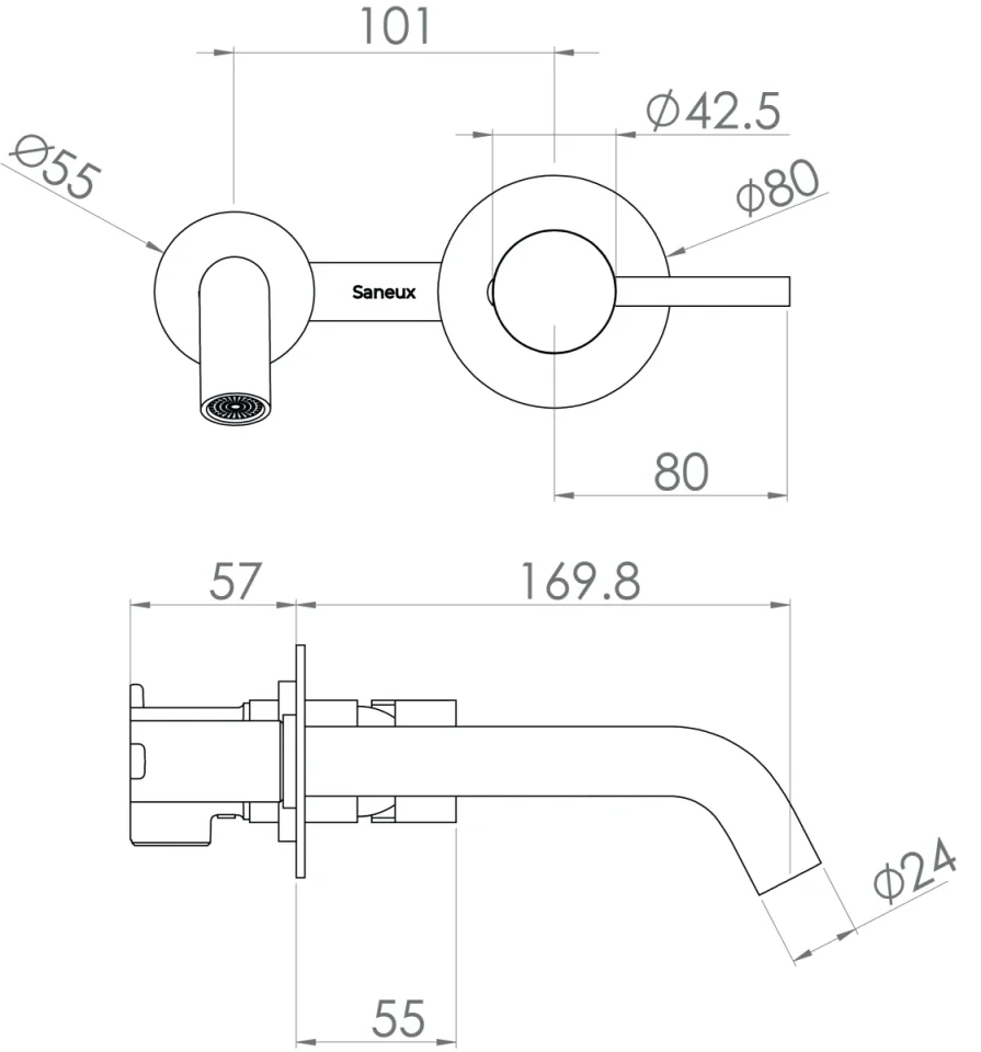 Saneux Cos Wall Mounted 2 Plate Basin Mixer With Knurled Handle - Chrome product image - Image 3