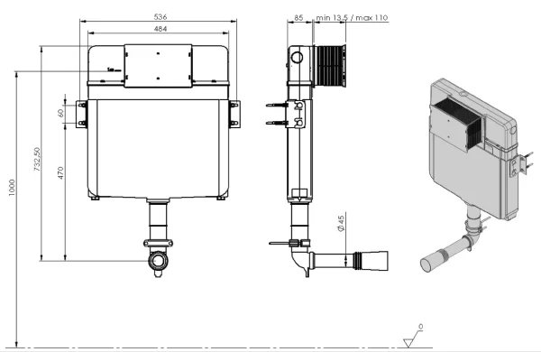 Saneux Flushe 2.0 732/85mm Ultra Slim Concealed Cistern With Front Flush