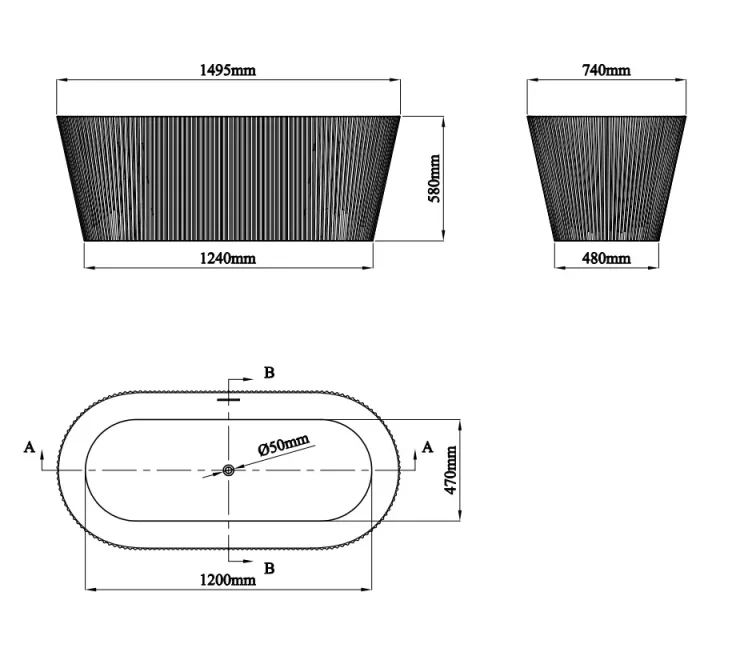 Eastbrook Sandford 1500 Freestanding Bath Inc Waste White technical drawing - Image 5