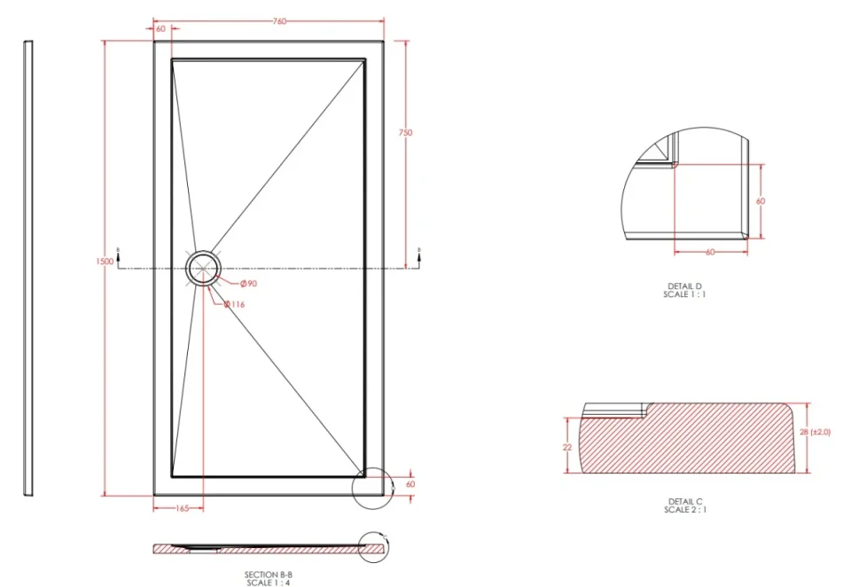 Eastbrook Corsair 1500 X 760 28mm Shower Tray White technical drawing - Image 4