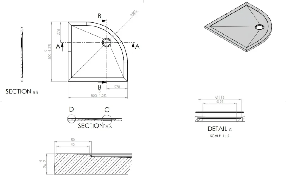 Eastbrook Corsair Anti-slip 800 Quad 28mm Shower Tray White technical drawing - Image 8