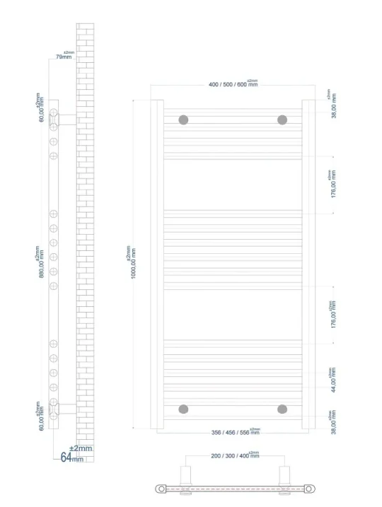 Eastbrook Wingrave 1000 X 600 Straight Multirail Matt White technical drawing - Image 13