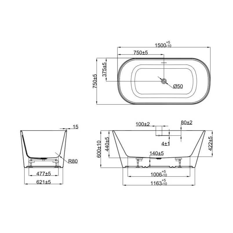 Crosswater Carne Free Standing Bath with Overflow and Waste 1500 x 750mm Gloss White product image - Image 4