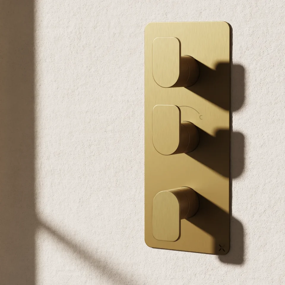 Crosswater Fuse 2 Outlet 3 Handle Portrait Valve & Trimset Brushed Brass detail view - Image 4