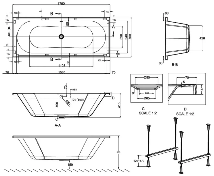 Crosswater Verge Double Ended Acrylic Bath 1700 x 700mm detail view - Image 4