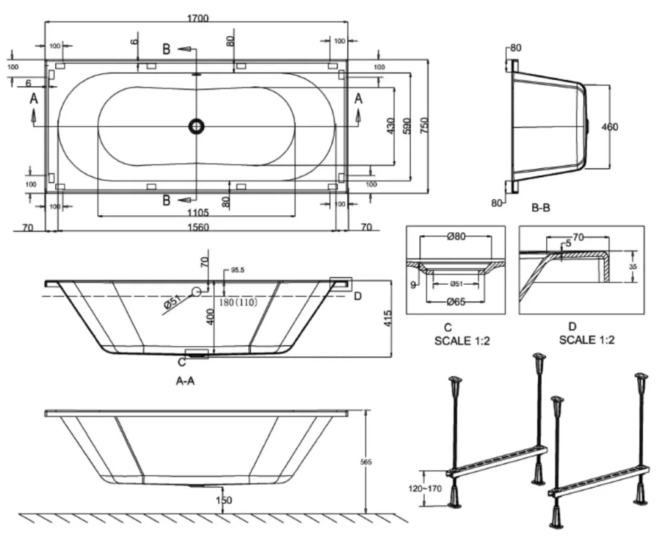 Crosswater Verge Double Ended Acrylic Bath 1700 x 800mm detail view - Image 2