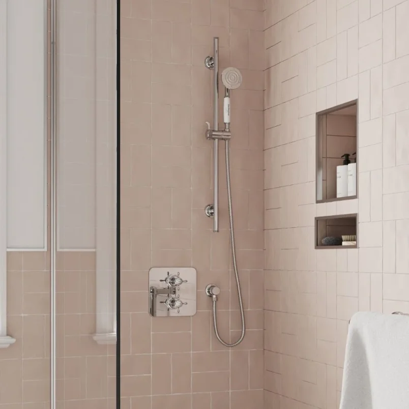 Burlington Guild Square Thermostatic Two Outlet Concealed Divertor Shower Valve Fixed Shower Arm & Head, Rail, Hose, Handset And Outlet Elbow Chrome detail view - Image 2