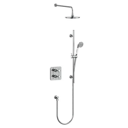 Burlington Guild Square Thermostatic Two Outlet Concealed Divertor Shower Valve Fixed Shower Arm & Head, Rail, Hose, Handset And Outlet Elbow Chrome detail view - Image 3