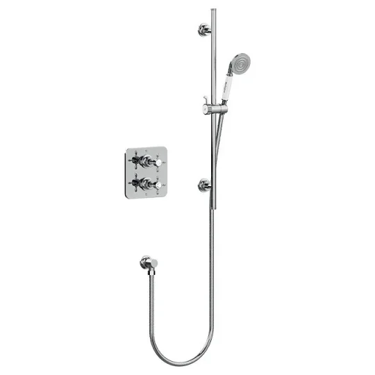 Burlington Guild Square Thermostatic Single Outlet Concealed Shower Valve With Rail, Hose, Handset And Outlet Elbow Chrome detail view - Image 3