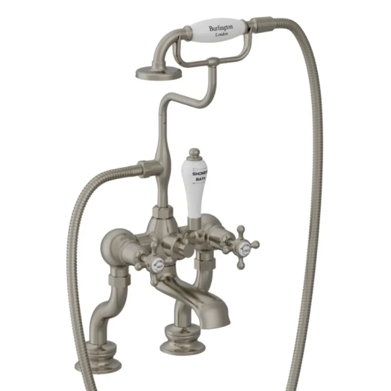 Burlington Claremont Deck Mounted Bath Shower Mixer Brushed Nickel detail view - Image 2
