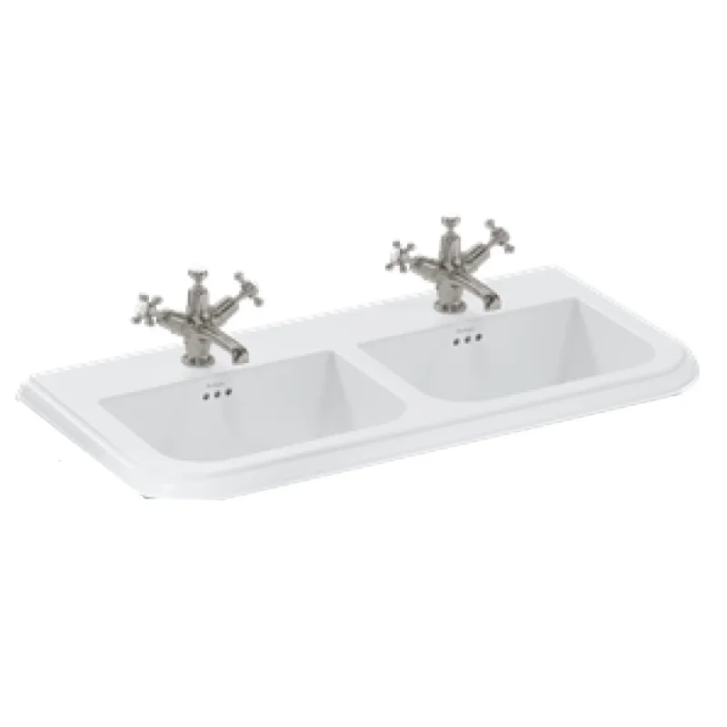 Burlington Chalfont Ceramic Double Basin 1000mm 1 Tap Hole detail view - Image 2