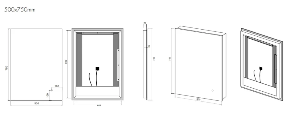 Faeber Glow 500 Steam Free LED Illuminated Mirror technical drawing - Image 2
