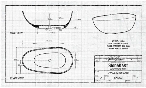 StoneKAST Ovale Mini Freestanding Bath 1530 x 770mm Matt White (Waste Included) technical drawing - Image 3