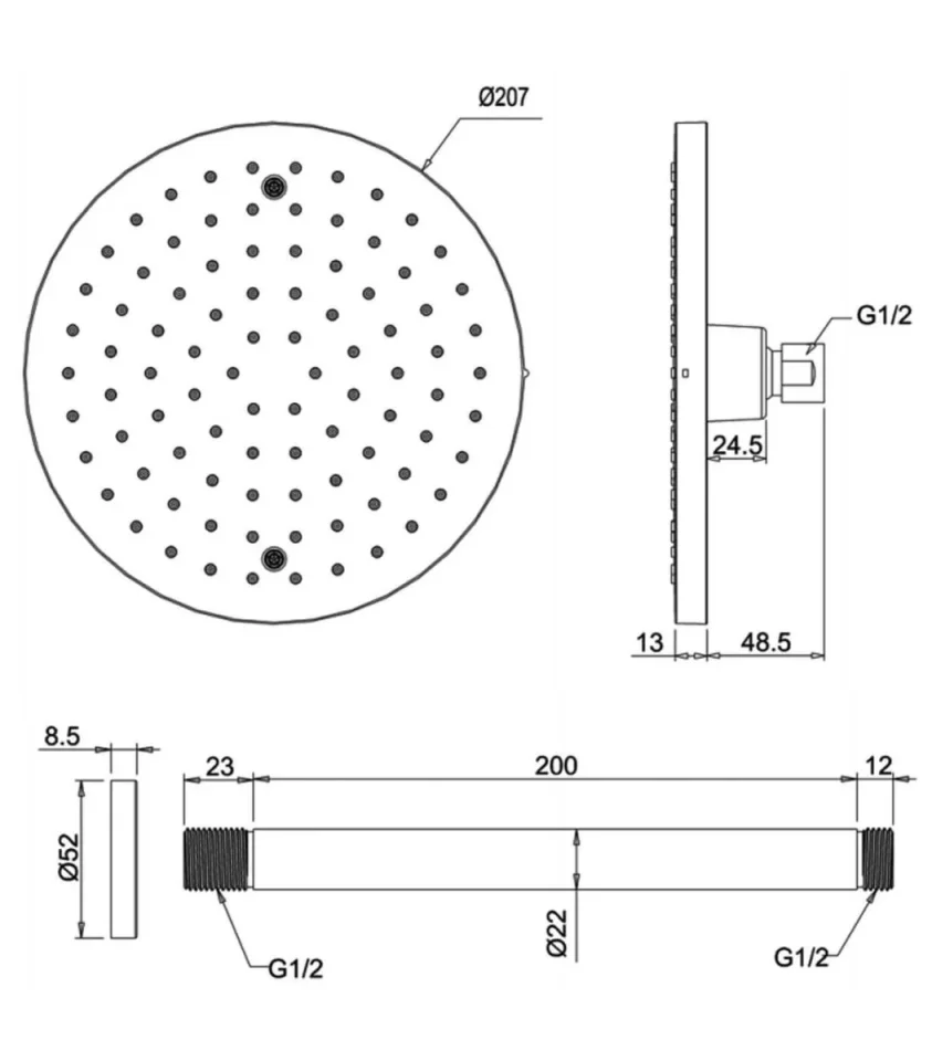 Crosswater Fusion Fixed Head 200mm & Ceiling Arm Round Chrome detail view - Image 2