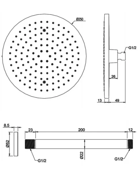 Crosswater Fusion Fixed Head 250mm & Ceiling Arm Round Chrome detail view - Image 2