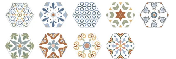 European Tiles Cuba Range Hex Cienfuegos Multicolour Patchwork 15x17cm Matt Porcelain Floor and Wall Tile