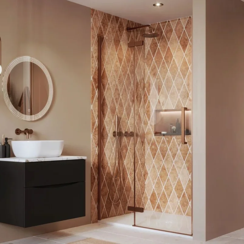 Crosswater Asura Hinged Door with Inline Fixed Panel 1400 Brushed Bronze detail view - Image 3