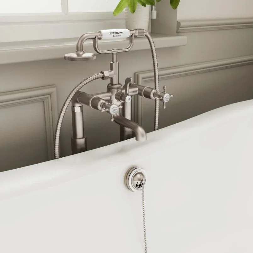 Burlington Guild Bath Shower Mixer Floor Mounted Brushed Nickel detail view - Image 3