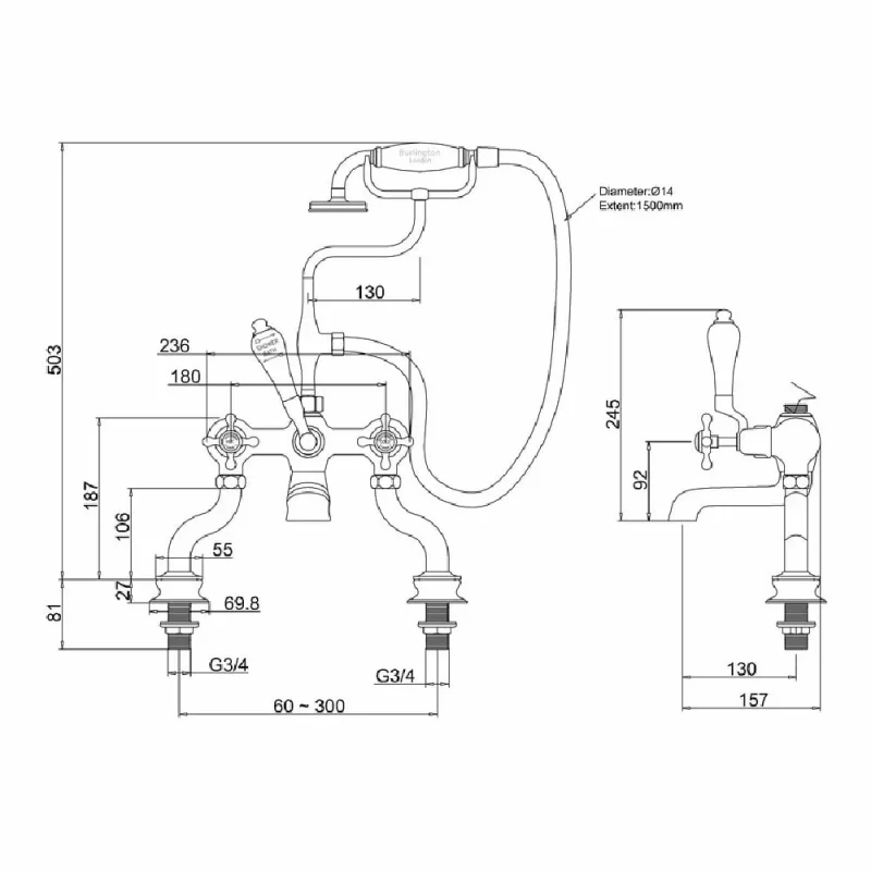 Burlington Regent Deck Mount Bath Shower Mixer Brushed Nickel detail view - Image 2