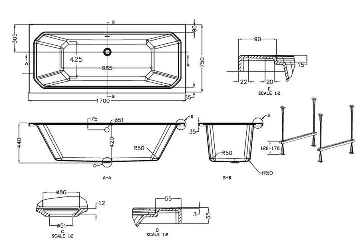 Burlington Arundel Double Ended Bath 1700 X 750mm White detail view - Image 2